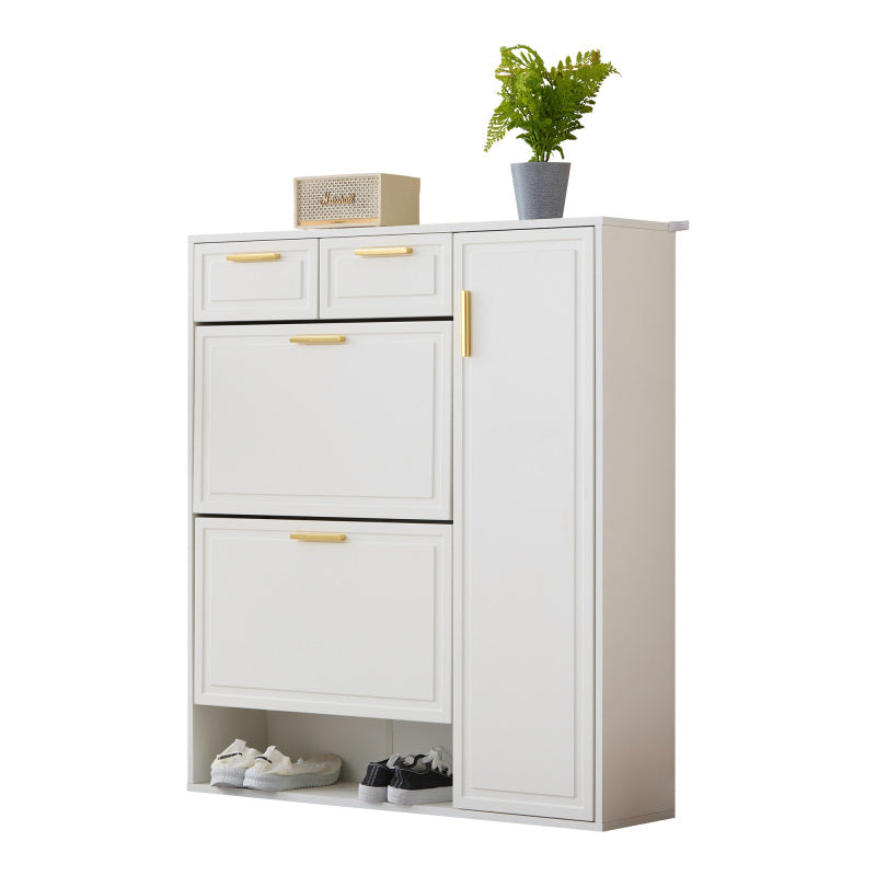 Moderne Schuhschrank, mit verstellbaren Regalen, goldenen Griffen, Schubladen, Klappschuhschrank und Türen, weiß, B95/D24/H107.5