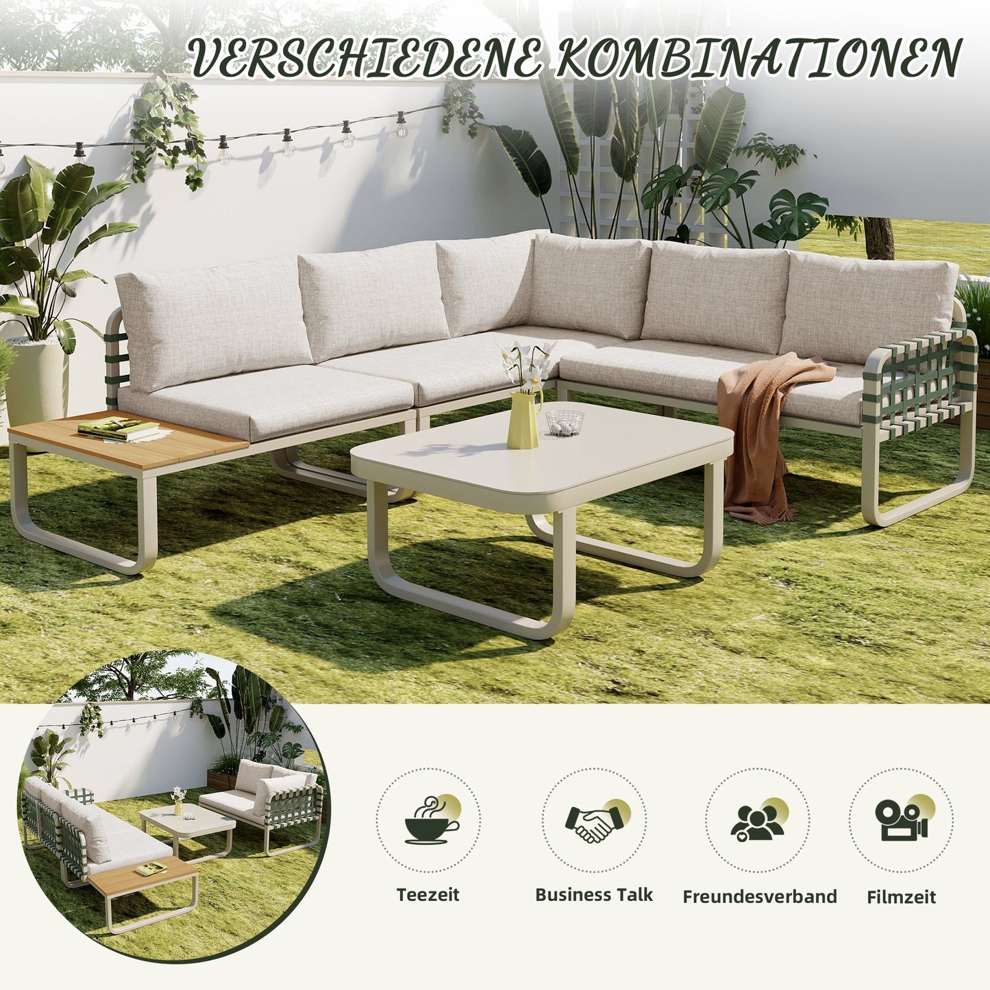 Garten Lounge Set (4-5 Sitzer), Grünes Leder Rattan Gartenmöbel Set, Modernes Outdoor Sofa Set inkl. aller Sitz- und Rückenkissen, Balkonset, Garten und Terrasse, Aprikose