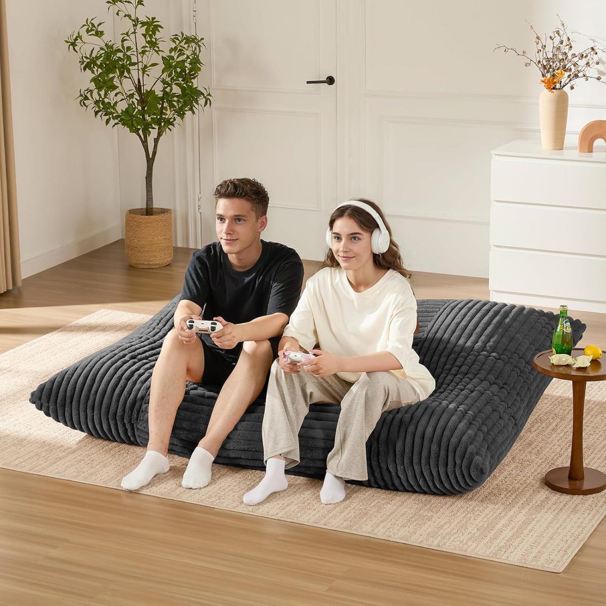 Oversized Bean Bag Sessel XXL, faltbarer Bodensofa Sitzsack mit waschbarem Bezug, für Wohnzimmer & Schlafzimmer, Dunkelgrau