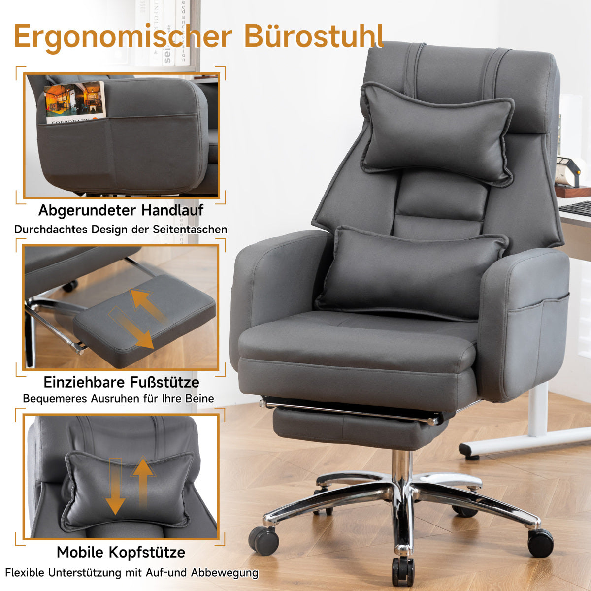Ergonomischer Bürostuhl mit 155° Liegefunktion, Fußstütze, Tech-Leder, Dunkelgrau