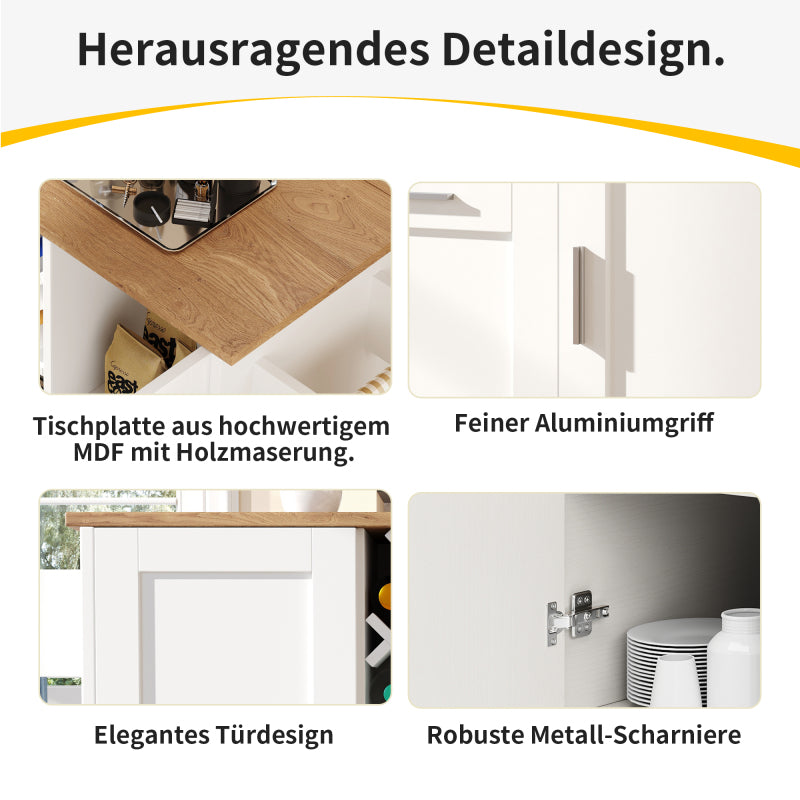 Kücheninsel mit herausnehmbaren Trennwänden, Küchenschrank, Esszimmerwagen mit Arbeitsplatte, Buffetschrank, Esszimmerwagen mit Holzmaserung, seitlicher Handtuchhalter mit Flaschenhalter, weiß