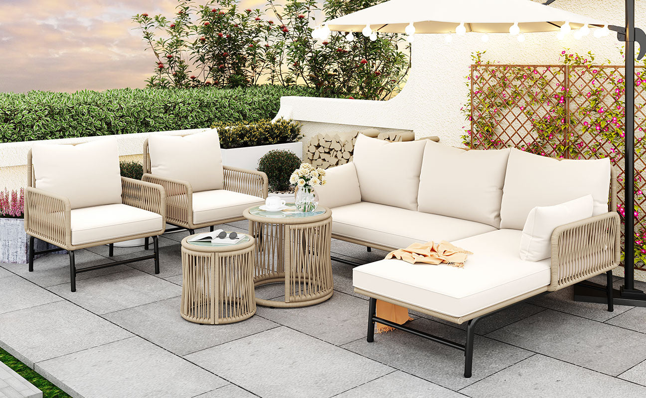 Gartenlounge-Set, Gartenmöbel-Set, Mit Eisenrahmen und beigem Seil, Gartenmöbel aus gewebtem Seil für den Außenbereich, Beige, Zwei Sessel, zwei 2-Sitzer-Sofas und zwei Tische (alle Kissen inklusive)
