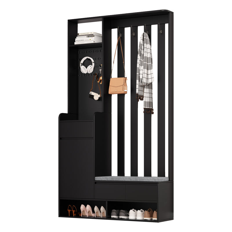 Flurgarderobe mit gepolsterter Aufbewahrungsbank, multifunktionaler Flur-Schuhschrank mit Stecktafel, moderne Garderobe mit 4 Haken für Eingangsbereich, Waschküche, Schwarz,H180/B100/T35 cm