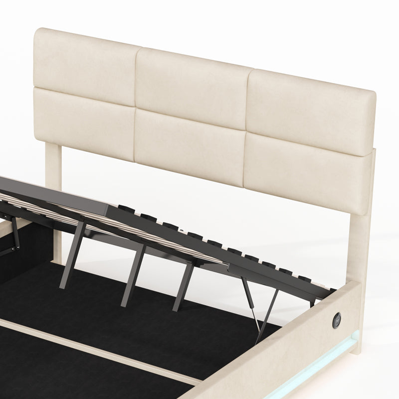 160 x 200cm Bettgestell aus weichem Samt mit USB Type C Ladefunktion und LED Beleuchtung, Hydrauliksystem Stauraum Bettgestell aus Samtmaterial Jugendbett mit LattenrosT, Beige