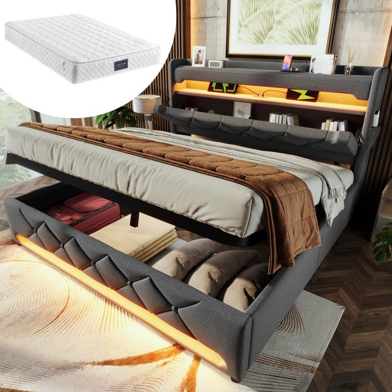 Polsterbett Doppelbett 140*200, Stauraum Kopfteil mit USB und Typ C-Port ,360-Surround-LED-Funktion rund um Kopf- und Fußende des, Betten mit Hydraulisch Stauraum, Beige, Leinen(Mit Matratze)