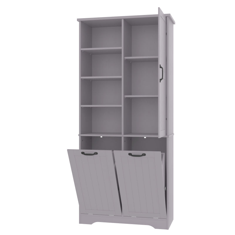 78 x 35 x 172 cm Badezimmerschrank, feuchtigkeitsbeständige Farbe, doppelter Wäschekorb, vier offene Fächer, eine Tür, drei Fächer in der Tür, verstellbare Regale, viel Stauraum, Grau