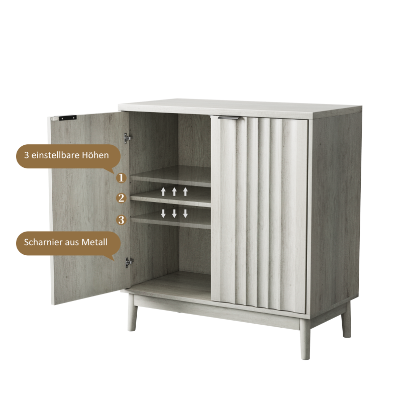 Rillenkantenschrank, unabhängiges Buffet mit verstellbaren Regalen, Holzschrank, passend für Wohnzimmer, Flur, Eingang, Grau