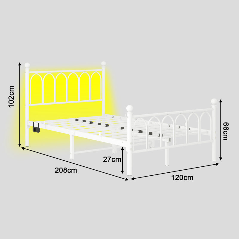120x200cm Metall-Bettrahmen mit Vintage Kopf und Fußplatte, USB-Ladestation, LED-Bettrahmen, Heavy Duty Stahl Slat Unterstützung, Reichweite Unterbett-Speicher, Keine Box-Feder erforderlich, Weiß