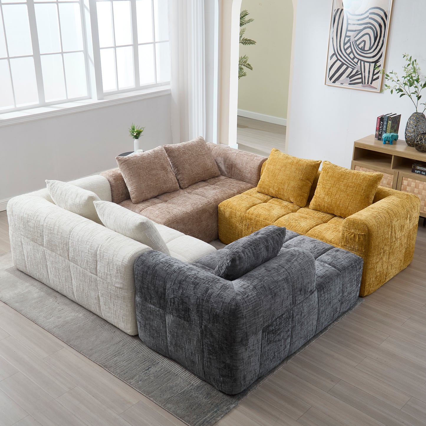 Modernes Sektionssofa, L-Sofa, 3-Sitzer-Sofa, keine Installation erforderlich, Chenille-Sofa mit Chaiselongue und Armlehnen, 3 Kissen, Seitentasche für Fernbedienung, khaki