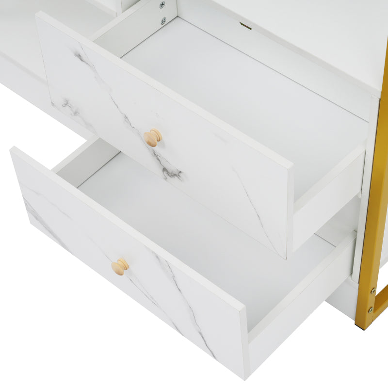 Bücherregal, 6 Regal Bücherregal mit mit Türen und Schubladen industrielle Bücherregal, Stahlregal, weiß marmoriert mit Goldrahmen