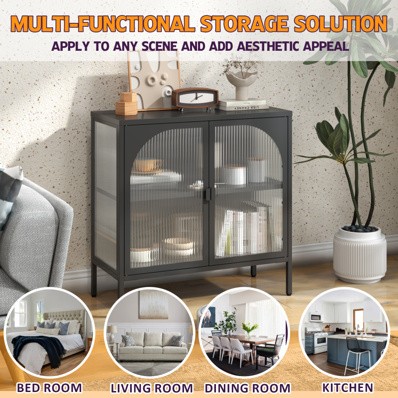 Metallseitenbrett-Schrank, Akzent-Speicherschrank mit 2 Glasklappen, Moderner Kaffebar-Schrank mit Einstellbaren Regalen für Küche, Wohnzimmer und Flur, eisenhaltig, H80cm×B80cm×T35cm