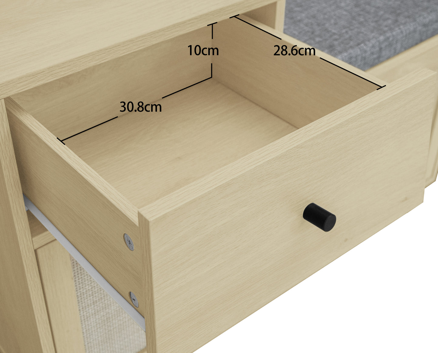 Schuhbank im Boho-Stil in Naturholzoptik – mit Rattangeflecht-Doppeltüren, Schublade und gepolsterter Sitzfläche – ideal für Flur, Eingangsbereich oder Korridor.