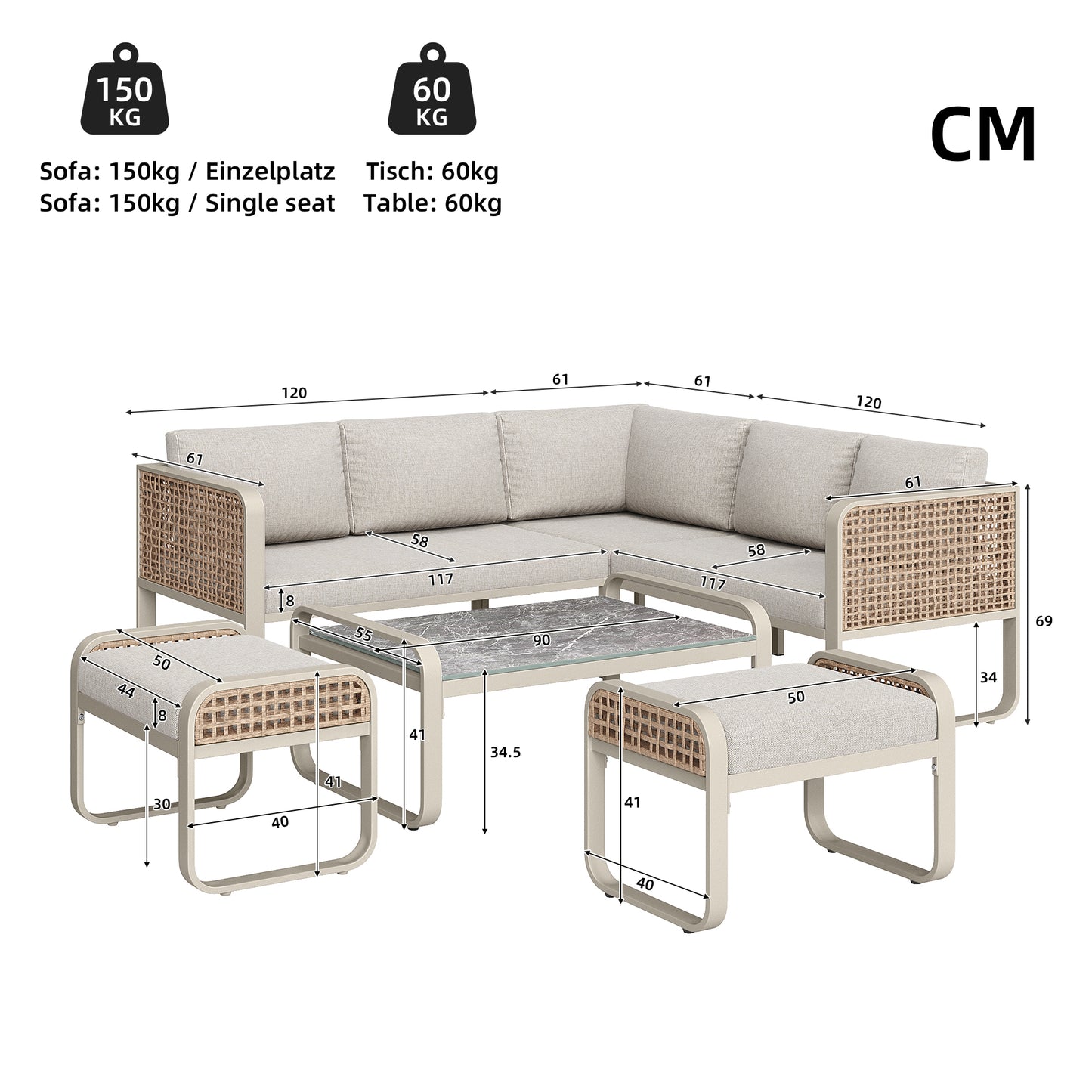 Garten-Lounge-Set, Rattan-Möbel-Set für 6-7 Personen, Ecksofa mit verzinktem Eisengestell, verstellbare Beine, inklusive aller Sitz- und Rückenkissen, beige
