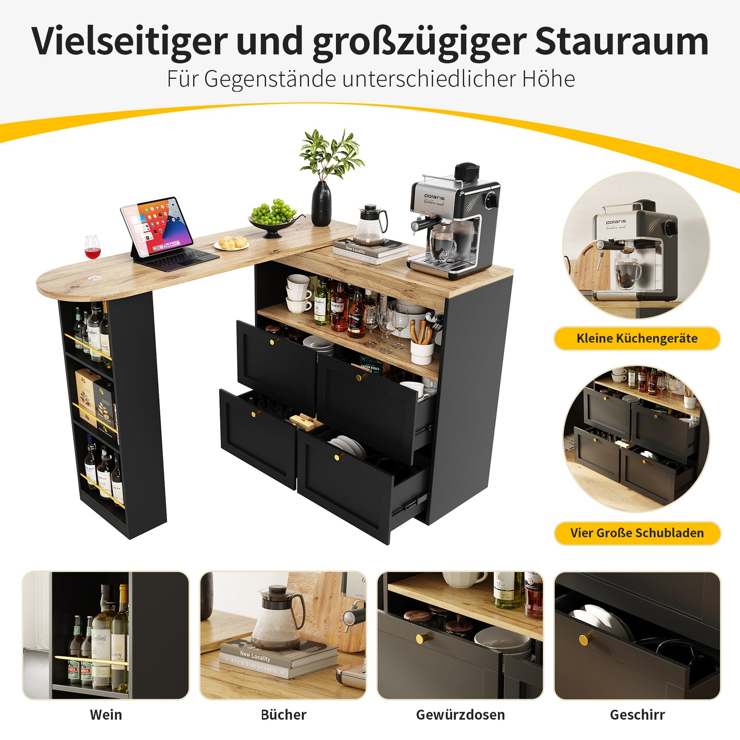 Um 360° drehbarer Bartisch (Hauptkörper 105 x 39 x 102 cm), mit 4 Schubladen und offenen Ablagen, geeignet für Esszimmer/Arbeitszimmer/Wohnzimmer usw