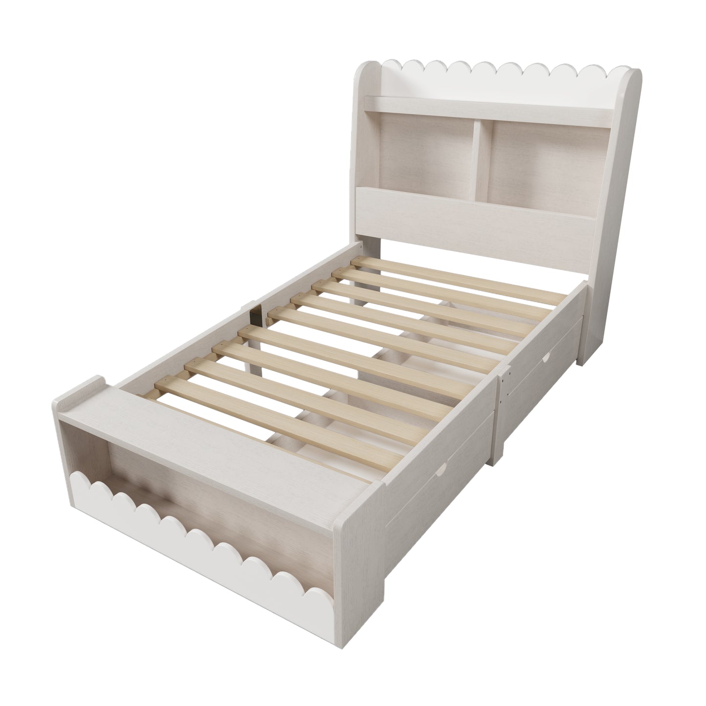 Kinderbett Einzelbett Stauraumbett mit Schubladen, Regal und Sitzbank mit Stauraum, Holzbett 90x190 cm, Weiß mit Eichefarben (Ohne Matratze)