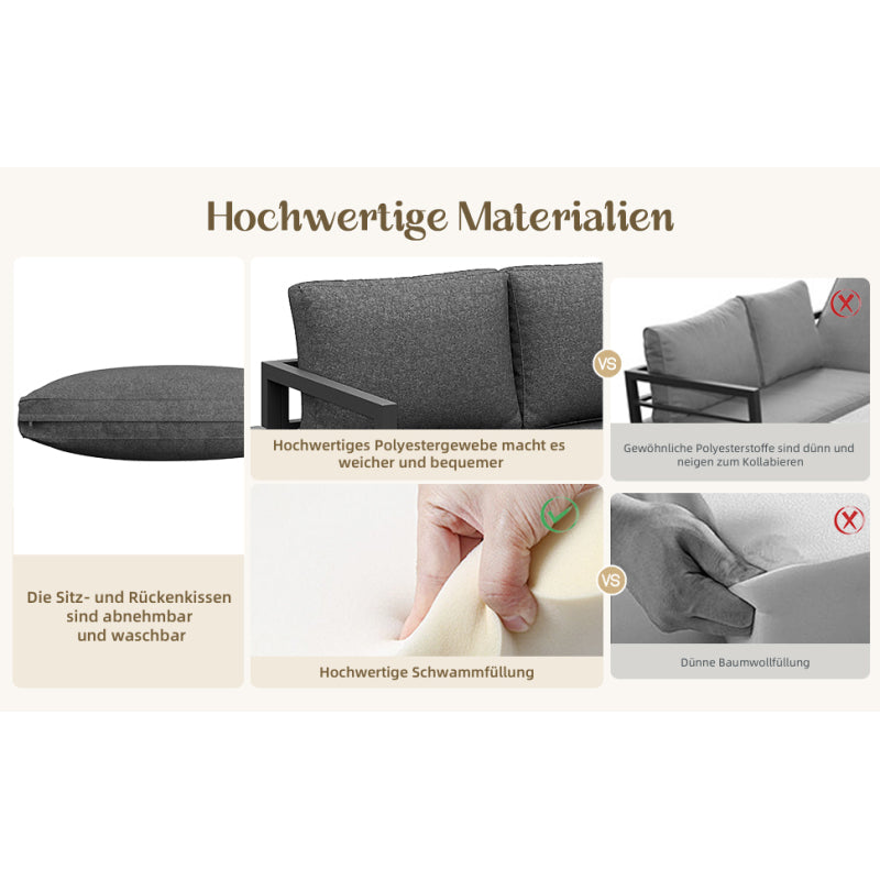 Seil-Gartenmöbel-Set, Garten-Lounge-Set, Ecksofa mit verzinktem Eisengestell, verstellbare Beine, inklusive aller Sitz- und Rückenkissen, grau