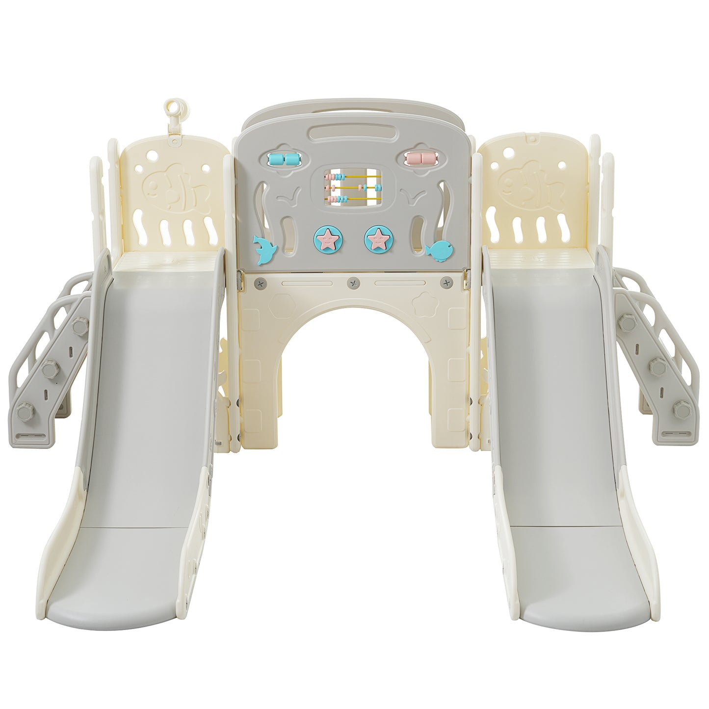 Kinderspielplatz-Set 8-in-1, Freistehendes Meerestier-Motiv-Set mit Rutsche, Bogentunnel, Basketballkorb und Teleskop, Doppelte Rutschen für Kleinkinder, Klettergerüst für Kinder