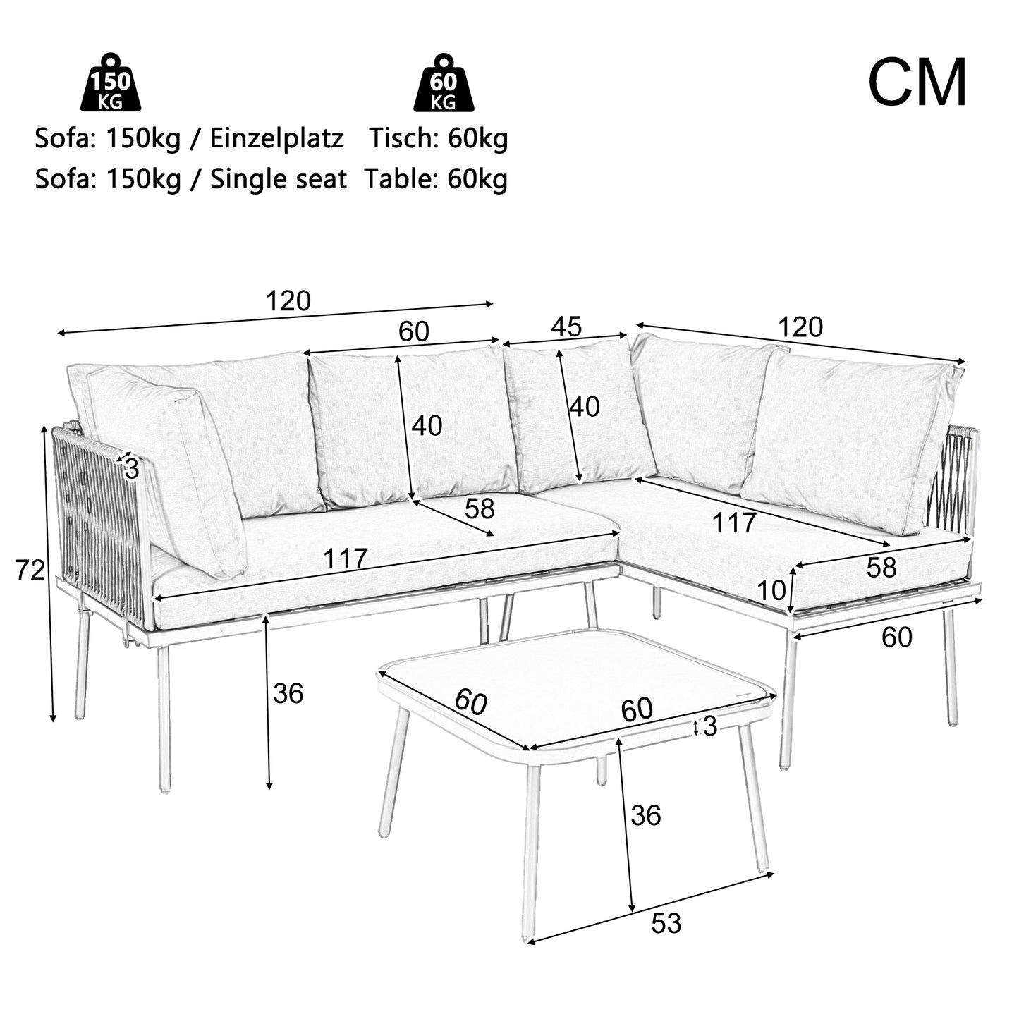 Garten-Lounge-Set aus Eisen, Gartenmöbel-Set aus grauem Seil, L-förmiges Gartenmöbel-Set, Lounge-Set aus grauem Seil mit Sitzkissen, verstellbaren Füßen, 2 Sofas und 1 Tisch