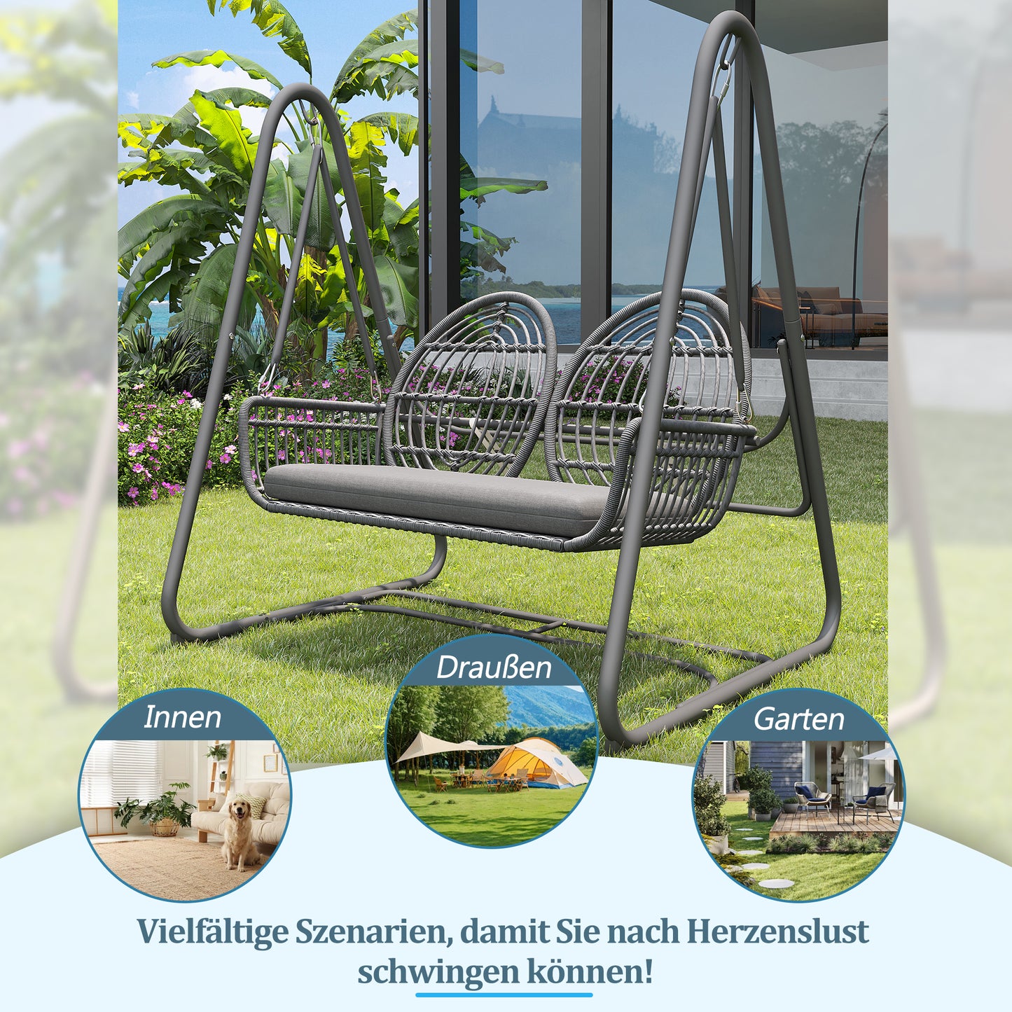 Gartenschaukel, Hollywoodschaukel mit Rückenlehne, Gartenmöbel-Set für den Außenbereich,Doppelschaukel aus PE-Rattan, 2 Sitze, Dunkelgrauer Sitzrahmen und Kissen