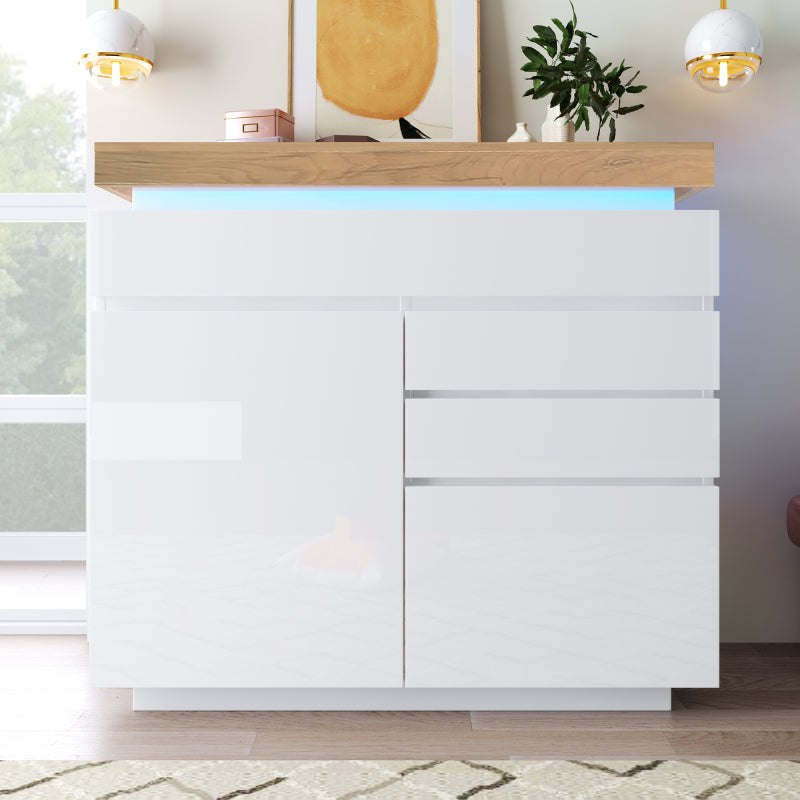 Kommode, Hochglanz Sideboard mit 2 Türen und 3 Schubladen, LED Beleuchtung (App Control), Mehrzweckschrank für Wohnzimmer und Schlafzimmer, 115 x 110 x 39 cm, Weiß