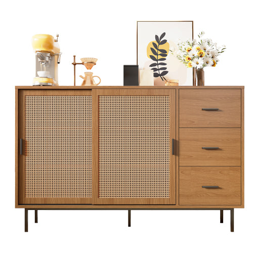 Sideboard 140 cm Natur, Kommode mit Rattan-Schiebetüren