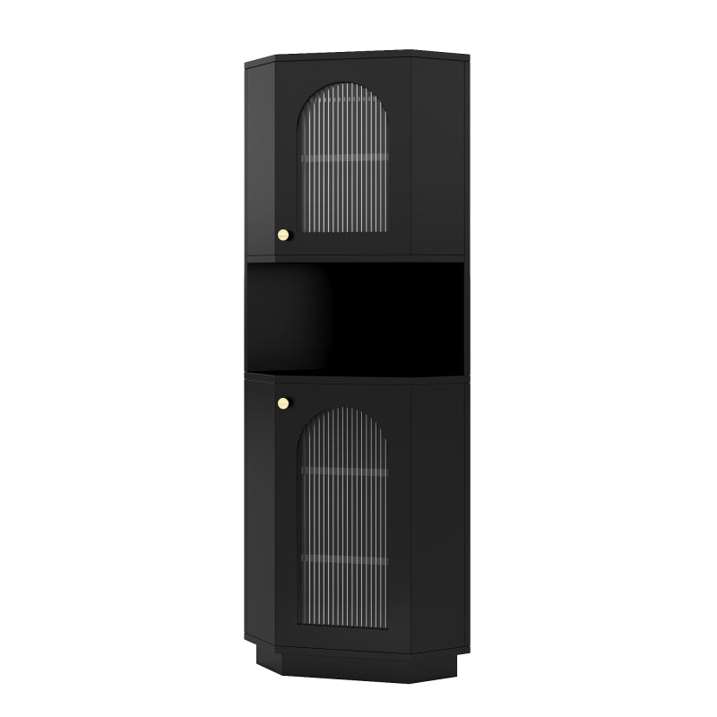 Badschrank mit Lichtleiste, Badmöbel, Eckschrank mit zwei Ablagefächern, offenes Fach mit verstellbaren Einlegeböden, 45x 45 x 166,5 cm, schwarz