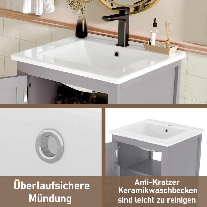 51x46x85cm Bodenstehender Badezimmerschrank mit Waschbe, Waschtisch,komplett lackiert, Türablage, geräuschlose Schublade mit großem Fassungsvermögen, verstellbares Regal, Keramikwaschbecken, Grau