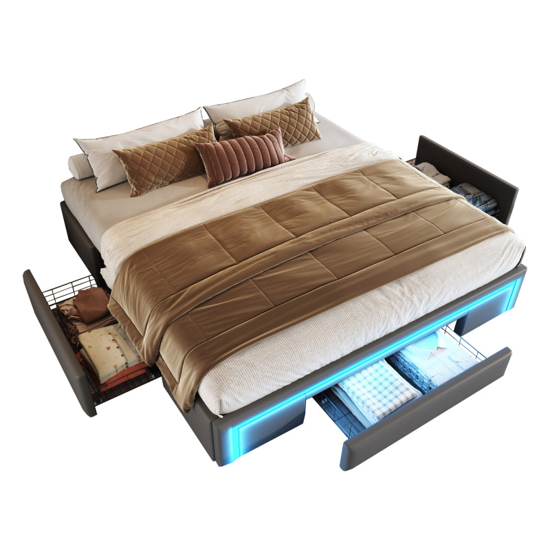 Bettgestell 180X200 mit Schubladen, PU-Leder Bett ohne Kopfteil Mit LED-Lichtleiste, MetalllattenPlattformbett für moderne Schlafzimmer Grau