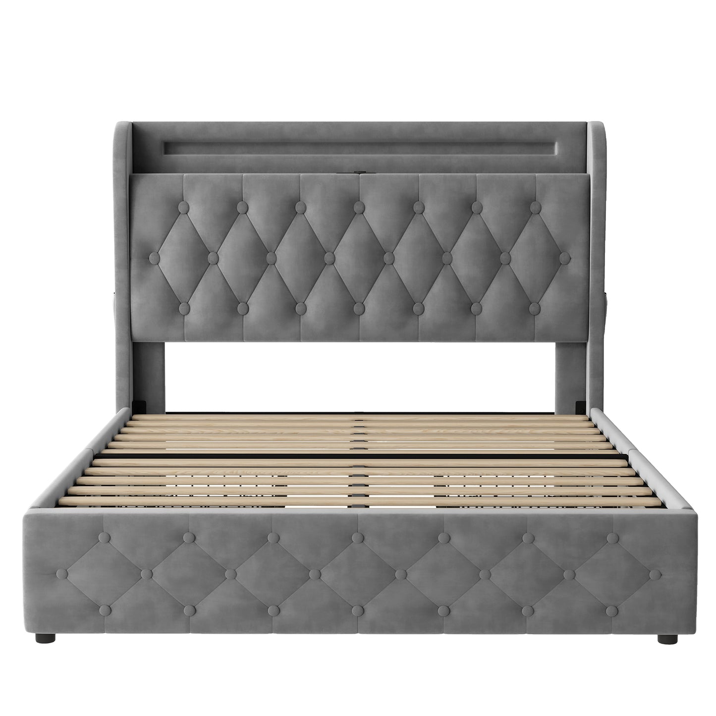 Polsterbett 140x190 Samt LED-Bett mit USB & Typ-C, Bettgestell mit 4 Schubladen & Stauraum-Kopfteil, Modernes Doppelbett, 300kg Last, Grau