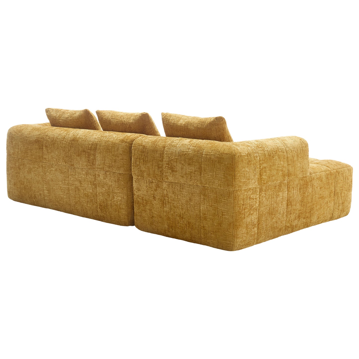 Modernes Sektionssofa, L-Sofa, 3-Sitzer-Sofa, keine Installation erforderlich, Chenille-Sofa mit Chaiselongue und Armlehnen, 3 Kissen, Seitentasche für Fernbedienung, Gelb