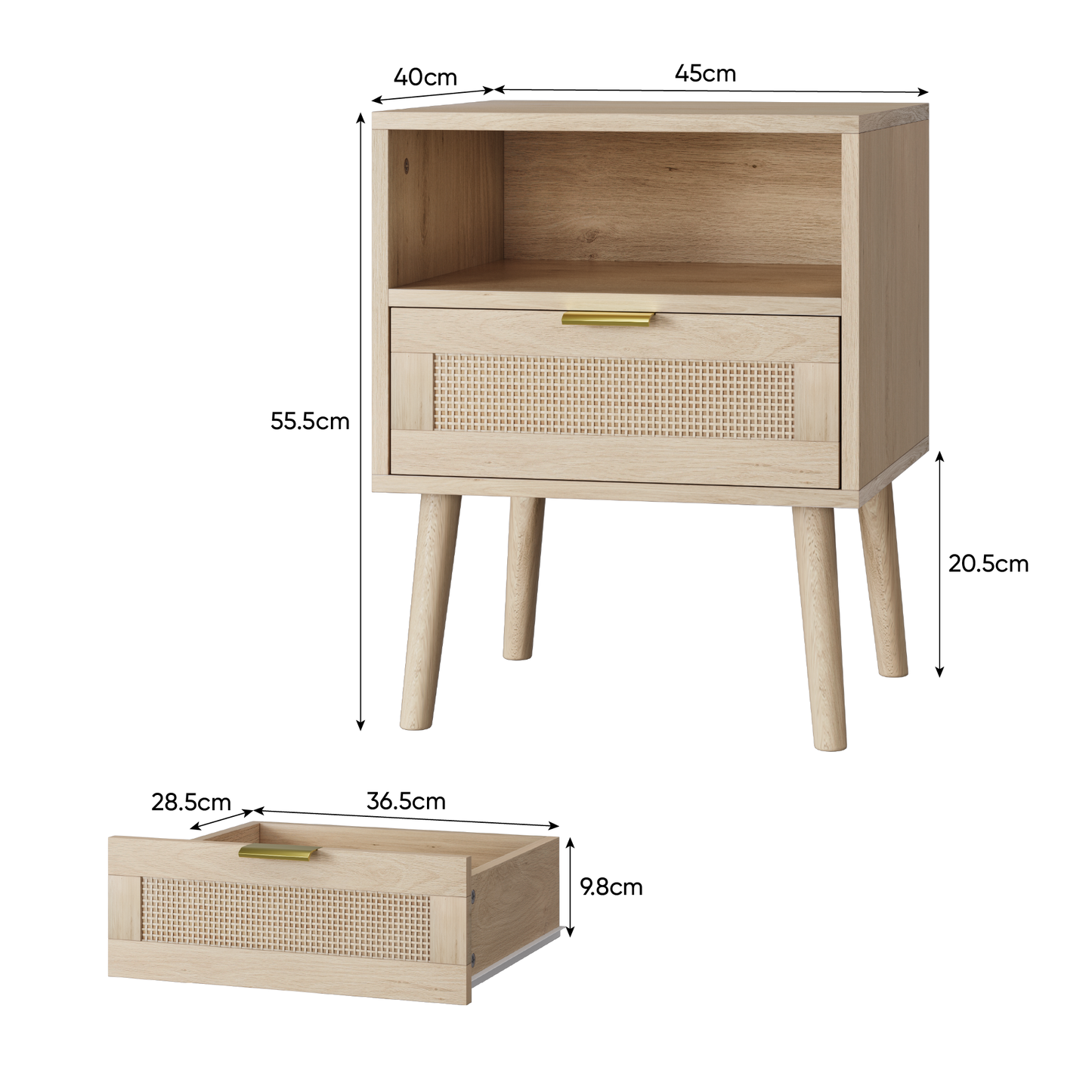 Vine Nachttisch, Böhmischer Nachttisch mit offenem Regal, mittelalterlicher moderner Nachttisch mit Goldgriff, 45 x 40 x 55 cm,1 Stück