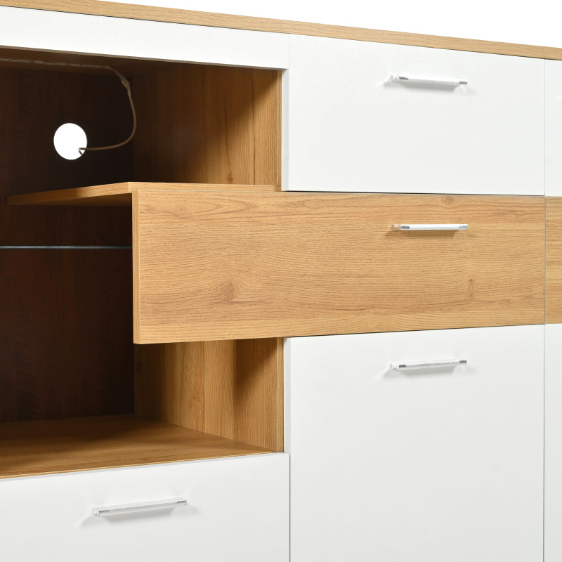 Modernes Sideboard-Schrank mit viel Stauraum, mit LED-Beleuchtung, 160x40x77cm, 2 Türen, 4 Schubladen, Glasablage, Holzoptik, Weiß,Wohnzimmermöbel, Organizer, Kommode, Mehrzweckschrank.