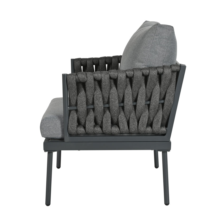 Garten Loungesessel Set, Gartenmöbel Set mit bequemen Kissen, 3er Sofa, 2 Sessel und Couchtisch, Outdoor, Glastischplatte, geflochtene Seilarmlehnen, verzinkter Stahl, grau