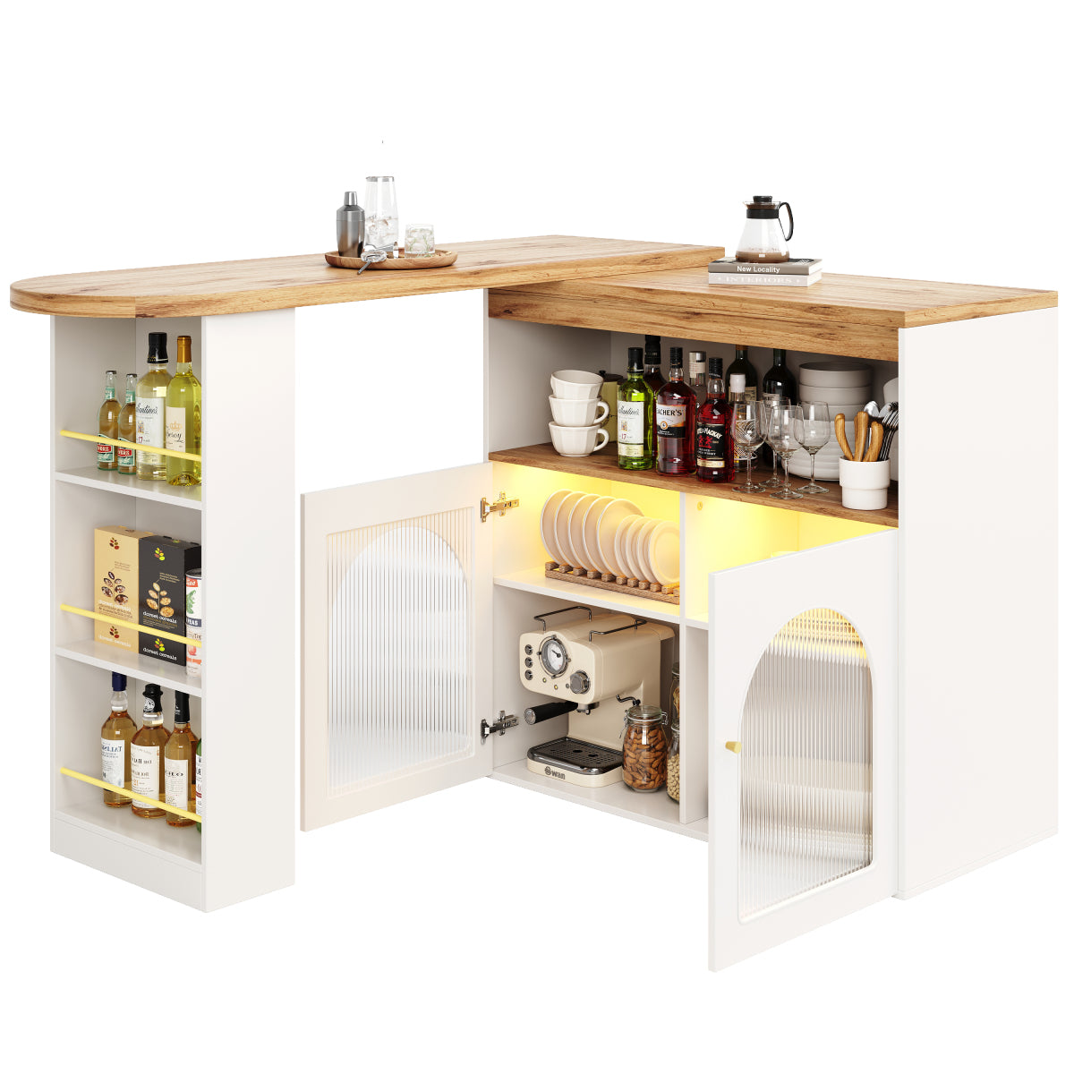 Bartisch ausziehbar 138-193cm, 360° drehbarer Stehtisch mit LED & Glasfront, Bistrotisch mit Regal, Esstisch mit Stauraum, Weiß