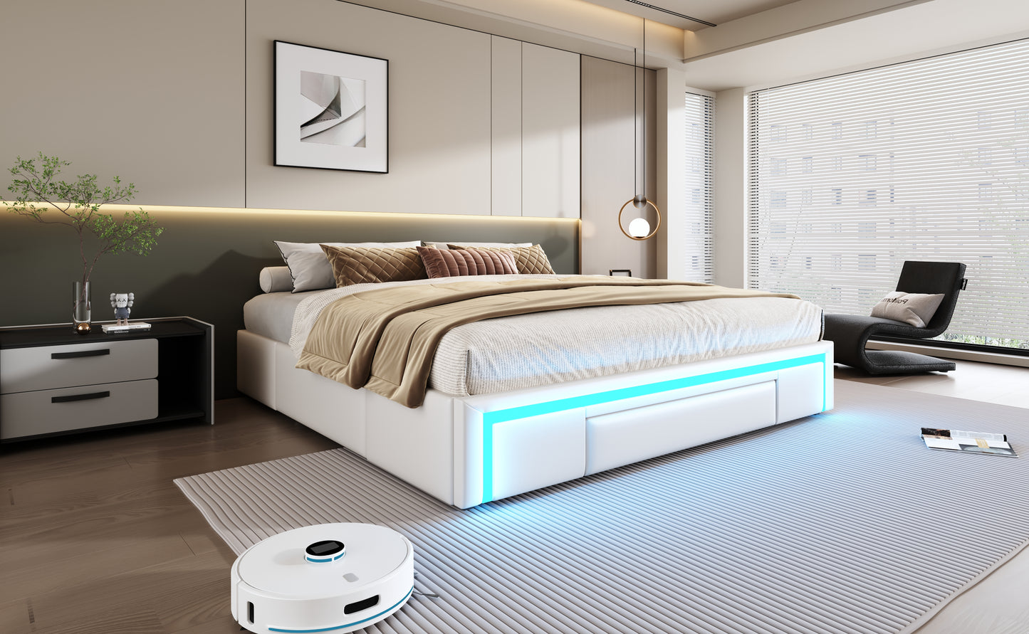 Bettgestell 180X200 mit Schubladen, PU-Leder Bett ohne Kopfteil Mit LED-Lichtleiste, MetalllattenPlattformbett für moderne Schlafzimmer Beige