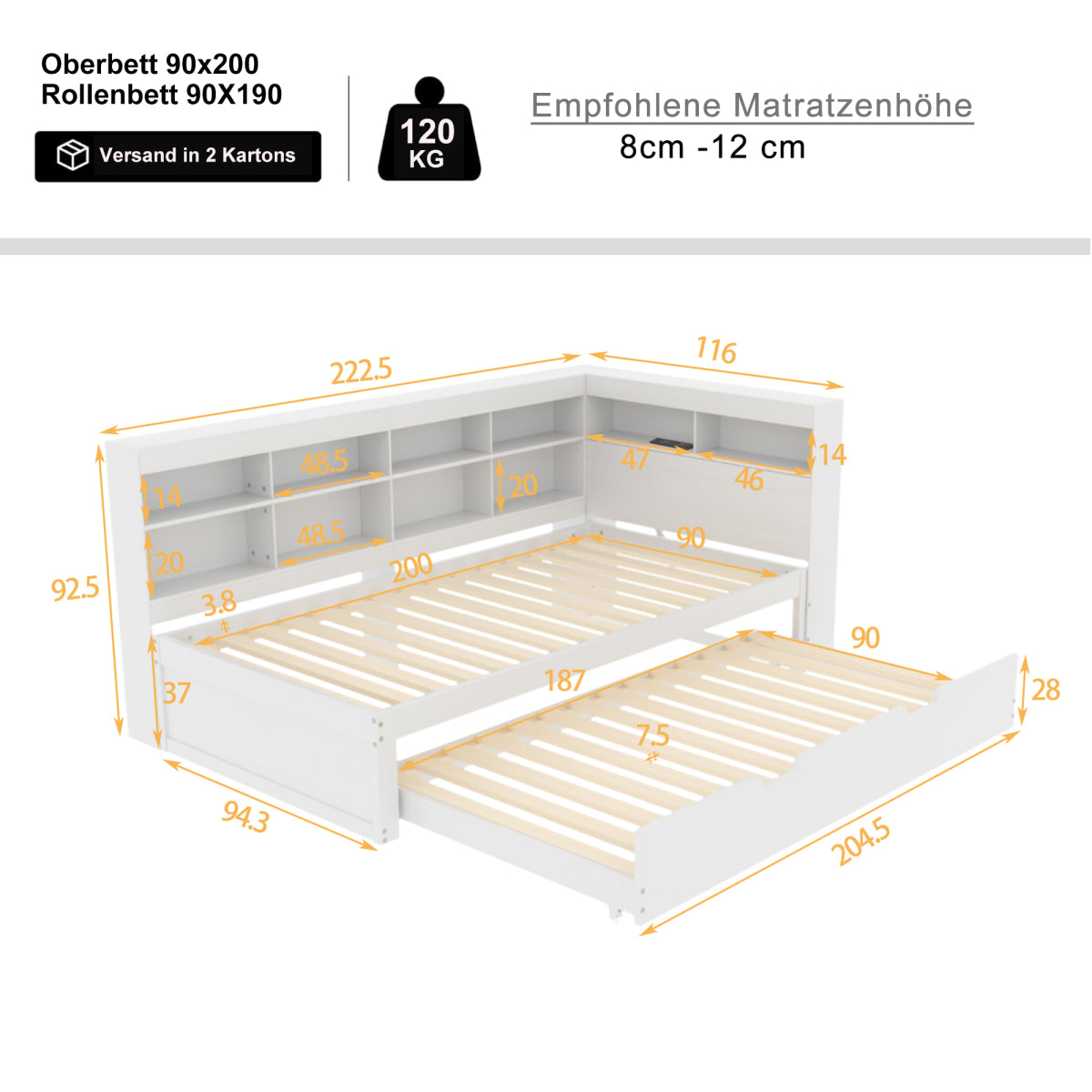 Multifunktions-Schlafsofa 90x200 & 90x190 Ausziehbar - Massivholz Weiß mit USB-Anschluss, Stauraum & Ablagefächern - Praktisches Einzelbett, Weiß