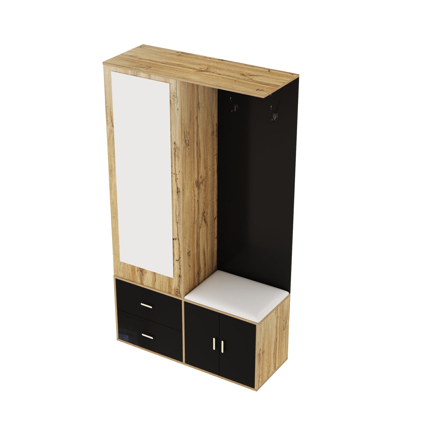 Elegantes Kleiderschrank Set in Schwarz und Holzfarbe mit Spiegel, Schuhschrank, Schuhbank mit Haken und ausziehbaren Kleiderbügeln.