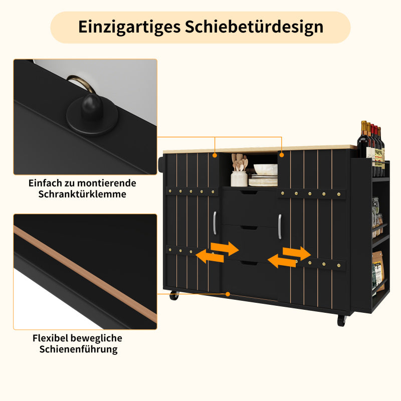 Küchenschrank, Servierwagen mit Holzmaserung, Küchenwagen mit rollen und arbeitsplatte, Küchenwagen mit Gewürzregal und Handtuchhalter, Kücheninsel mit Schiebetüren und Schubladen, schwarz