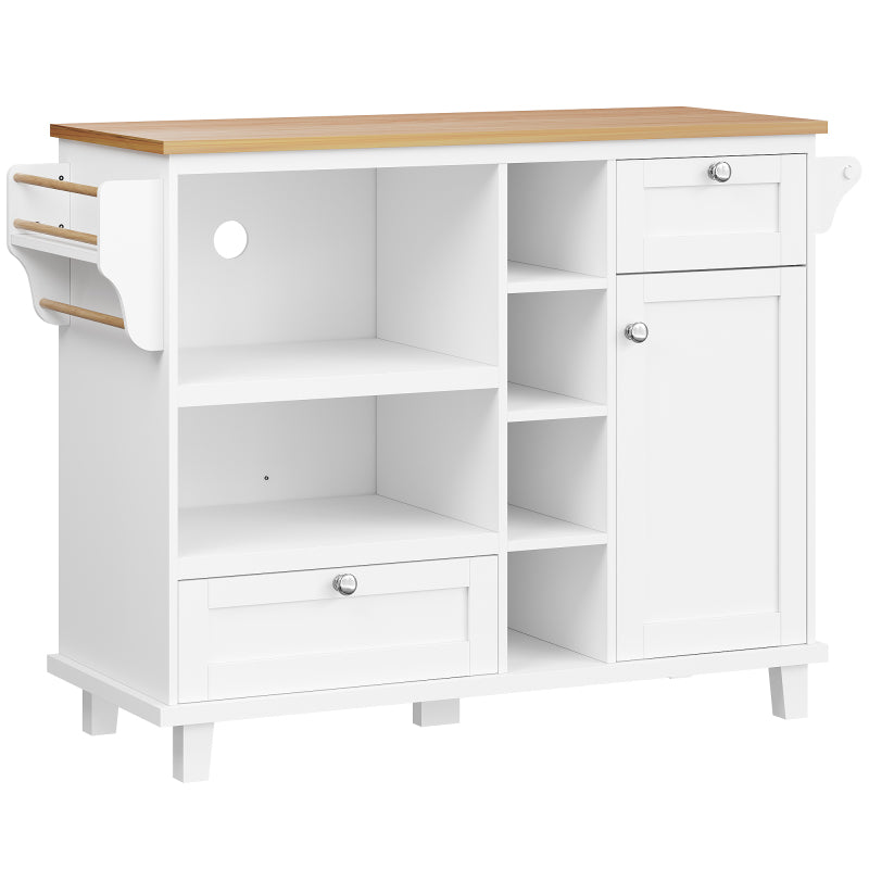 Esszimmerwagen (129 x 46 x 92 cm), modernes minimalistisches Weiß, mobiler Küchen-Esswagen mit Schubladen und Lagerschränken, hellbraune Holzarbeitsplatte, passend für moderne Wohnungen