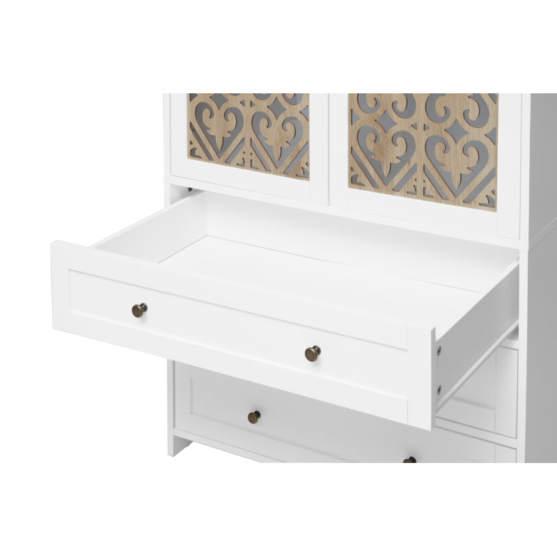 Weißer Aufbewahrungsschrank mit Schnitzmuster – Boho-Garderobenschrank mit Rattangeflecht, 3 Schubladen und Kleiderstange aus Aluminiumlegierung – ideal für Wohnzimmer, Schlafzimmer, Büro oder Arbeits