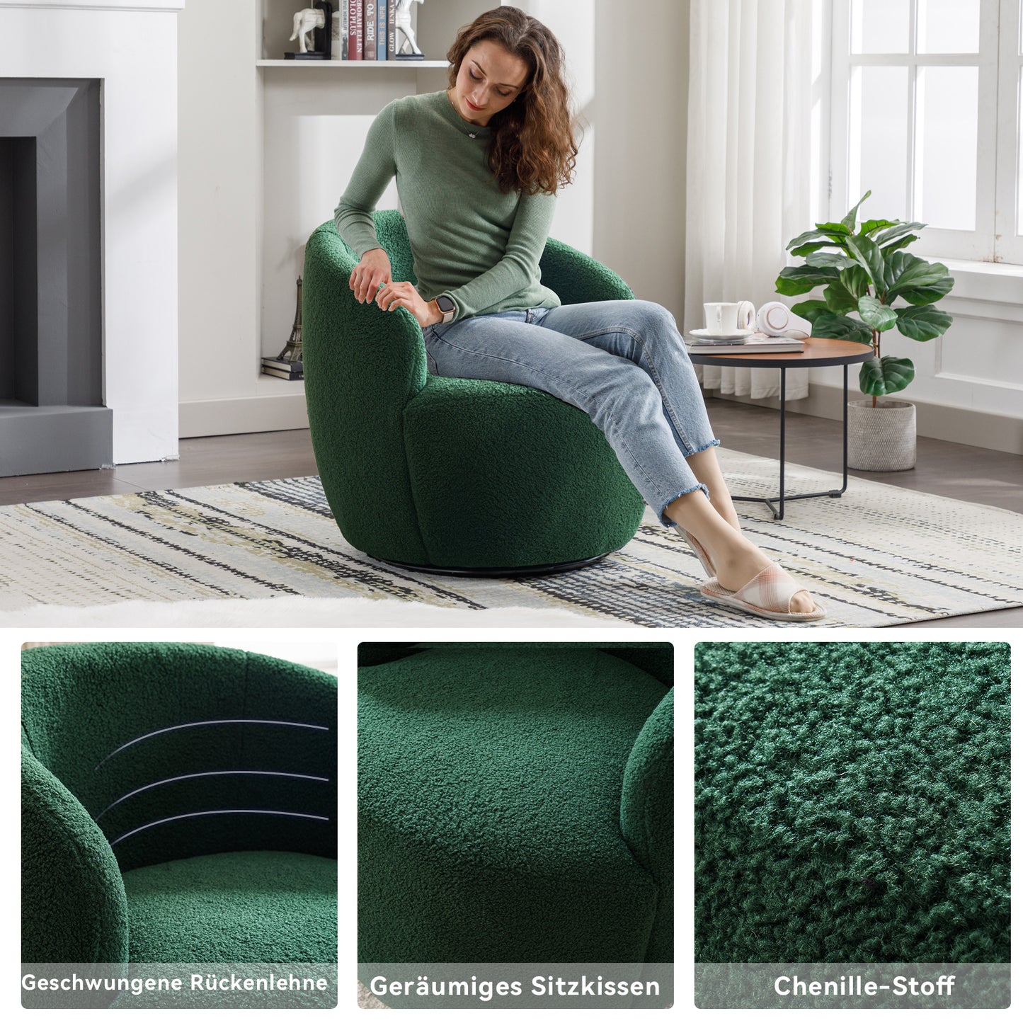 Drehbarer Akzentsessel aus weichem Teddy-Stoff mit Fassstuhl und schwarzem Pulverbeschichtungs-Metallring, Grün