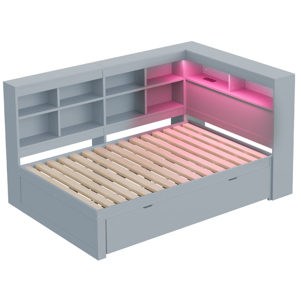 Massivholz-Doppelbett 140x200 Weiß mit LED & USB - Multifunktionales Sofa-Bett mit großen Schubladen, Ablagefächern & viel Stauraum, Grau