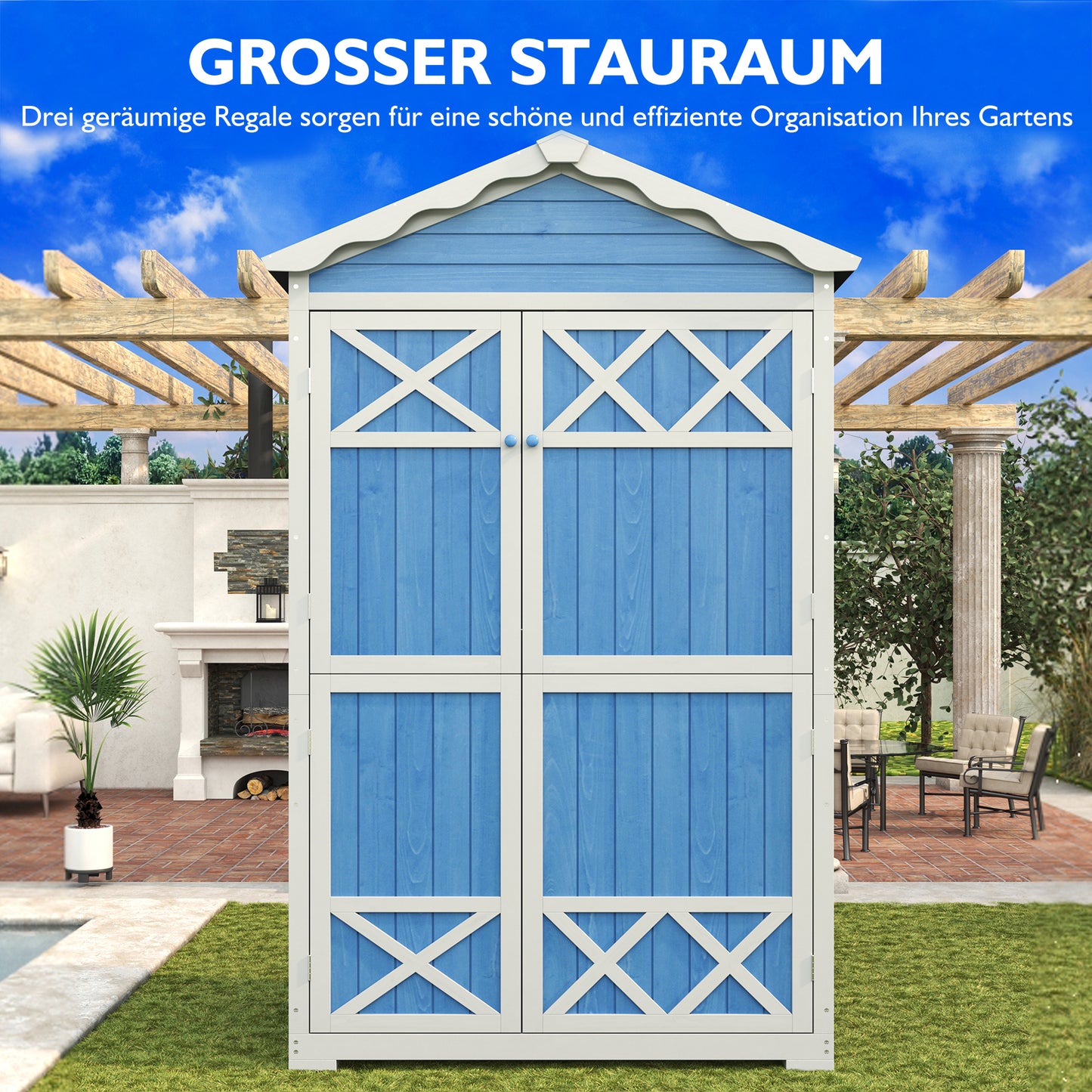 Outdoor Holz Gartenmöbel Aufbewahrungsschuppen, Werkzeughaus für Garten, Terrasse, verblassungsfrei, wetterfest, sicher und geschützt, wartungsfrei, umweltfreundlich, blau
