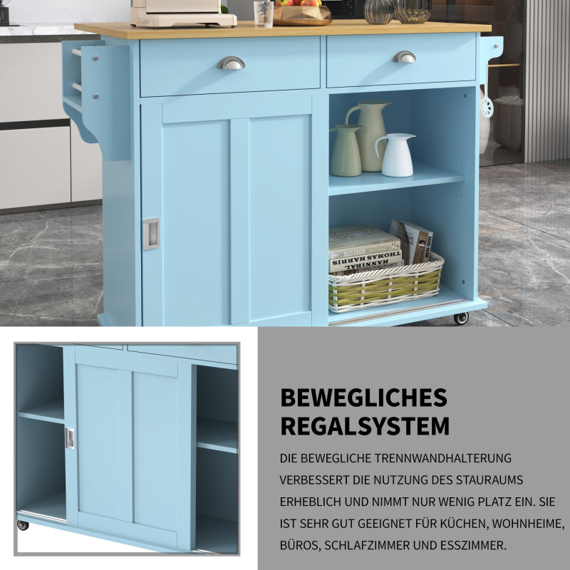 Esswagen/Anrichte, 112x40(70)x94 cm, Blau, Klappbare Massivholzoptik-Arbeitsplatte, mit Ablagetür, Rollen & Auswechselbaren Massivholzfüßen, für Küche & Esszimmer