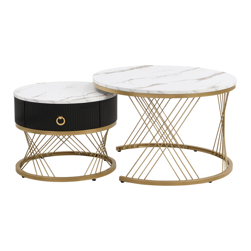 Eleganter zusammensetzbarer Couchtisch: Marmoroptik, Golddekor, Beistelltisch mit Schubladen – 2er-Set