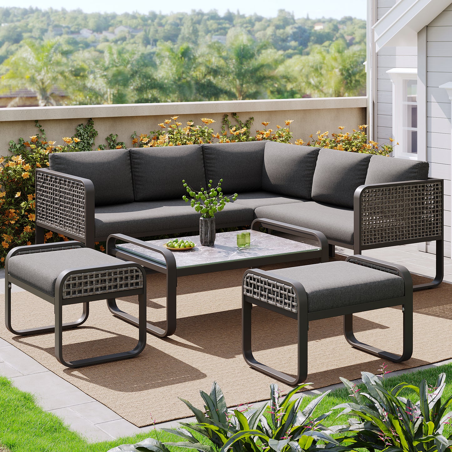 Garten-Lounge-Set, Rattan-Möbel-Set für 6-7 Personen, Ecksofa mit verzinktem Eisengestell, verstellbare Beine, inklusive aller Sitz- und Rückenkissen, grau