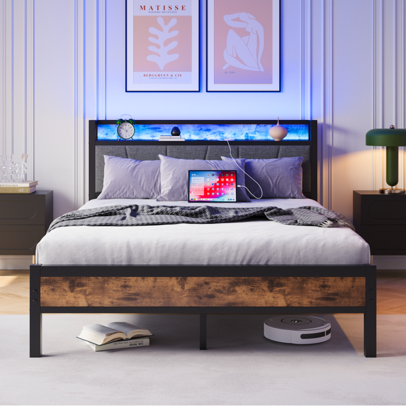 140x200cm Größe Bettrahmen mit intelligenten LED-Lichtern, Speicherkopf mit USB-Ladestation, Heavy Duty Metalllamellen Unterstützungsplattform, Lärmfrei, Einfache Montage, Keine Boxfeder erforderlich