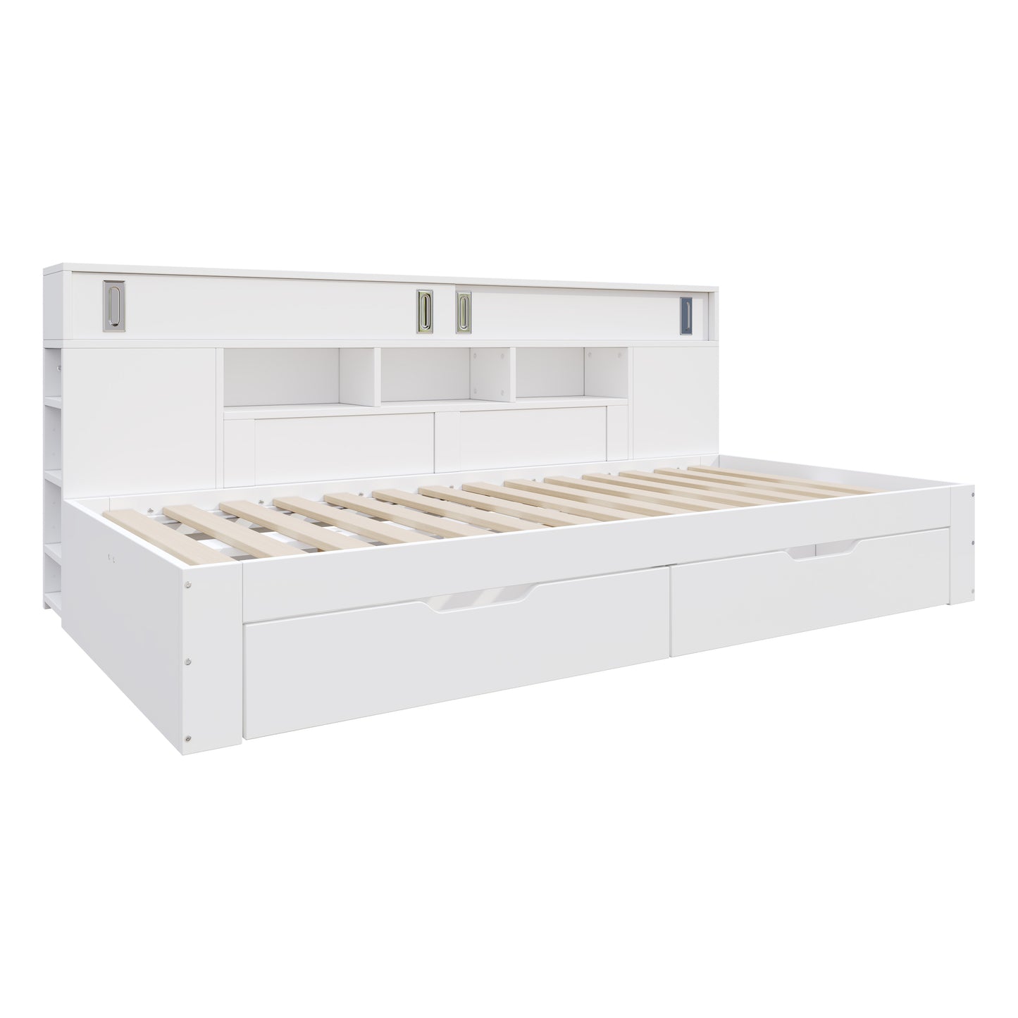 Kinderbett 140x190cm Funktionsbett mit Stauraum, Daybed inkl. 2 Schubladen, Regalen & Schrank, Stauraumbett aus MDF, Jugendbett, Weiß