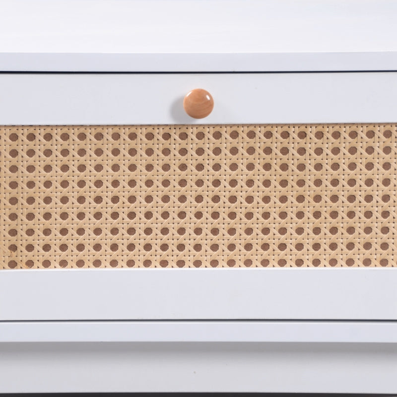 Couchtisch - Rattan-Kaffeetisch, Schubladen mit Rattan und Schiebetüren mit Massivholzlatten, Massivholzbeine, Natürlicher Landhausstil.