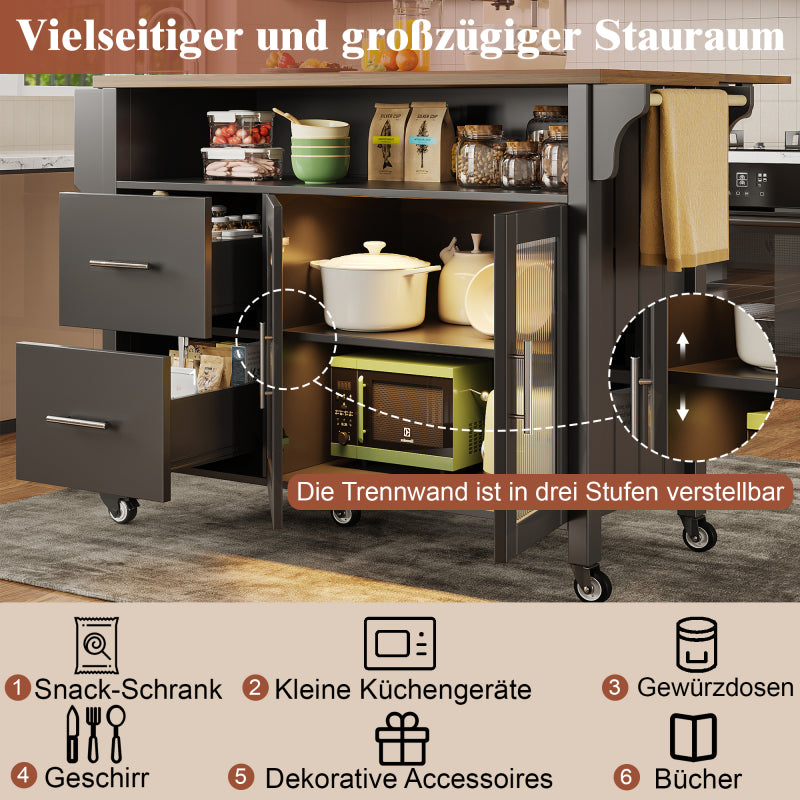 Kücheninsel mit herausnehmbaren Trennwänden, Speisewagen mit Arbeitsplatte, Buffetschrank, Speisewagen mit Glasvitrine in Holzmaserung, LED-Leuchten, seitlicher Handtuchhalter mit Rollen, Schwarz